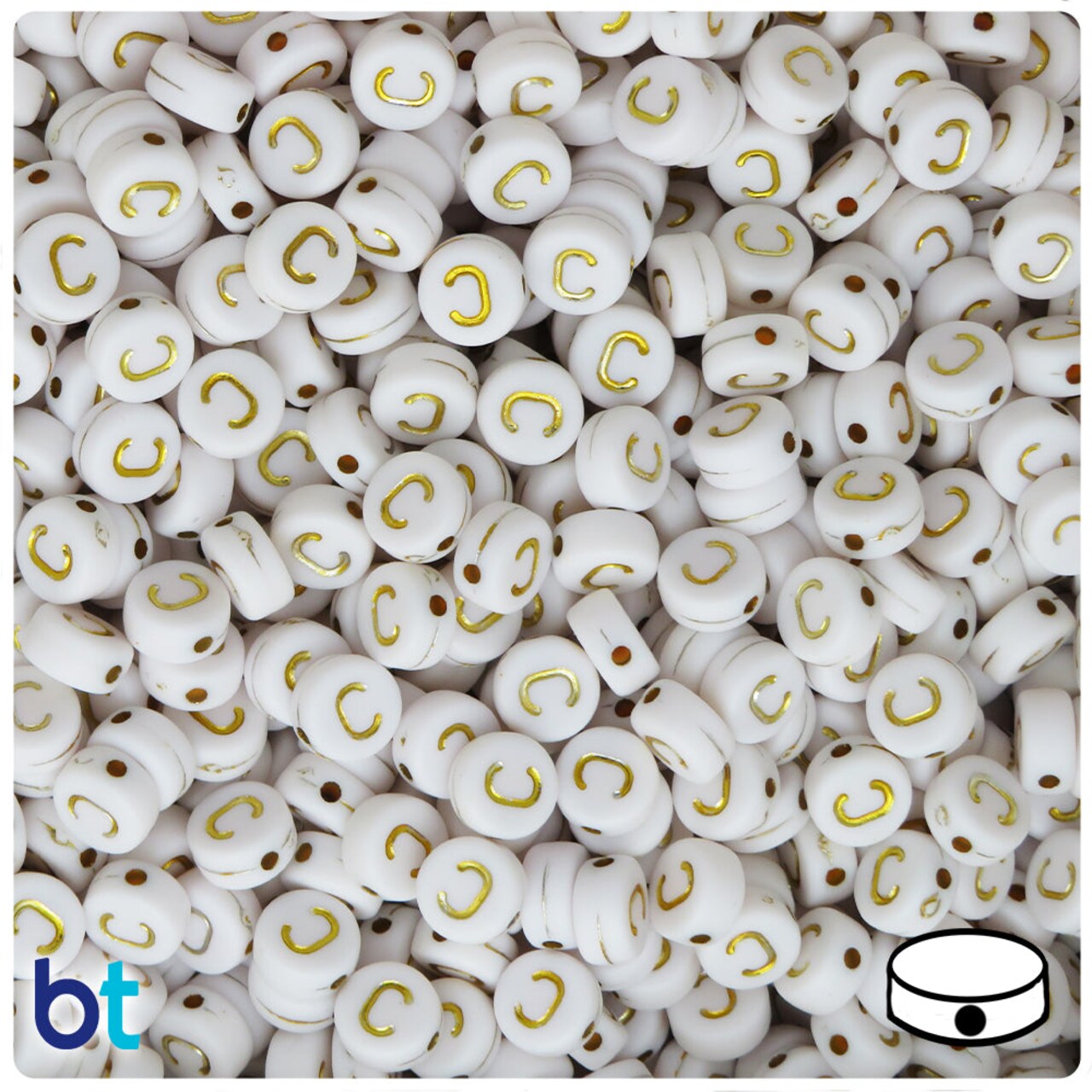 BeadTin White Opaque 7mm Coin Plastic Alpha Beads - Gold Letter C (100pcs)